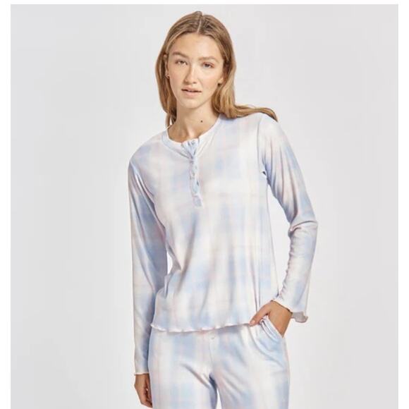 Splendid Other - Splendid Juno Fuzzy Rib Henley Pastel Blue Pink Plaid Pajama Top Size XL